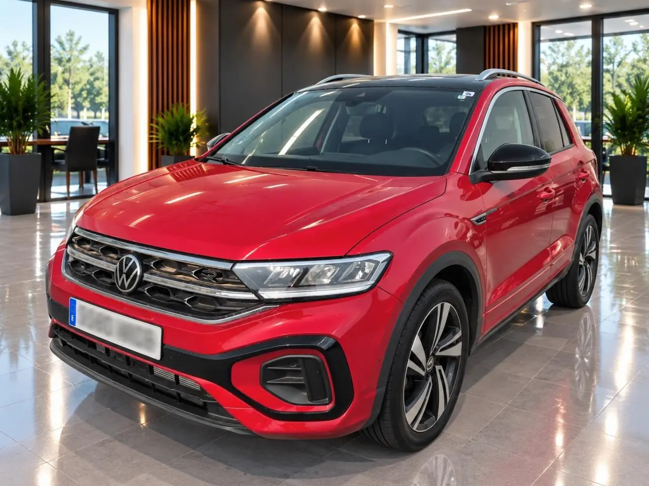 Volkswagen T-Roc rouge métal foncé en vue 3/4 avant, avec toit panoramique noir et jantes alliage noires.