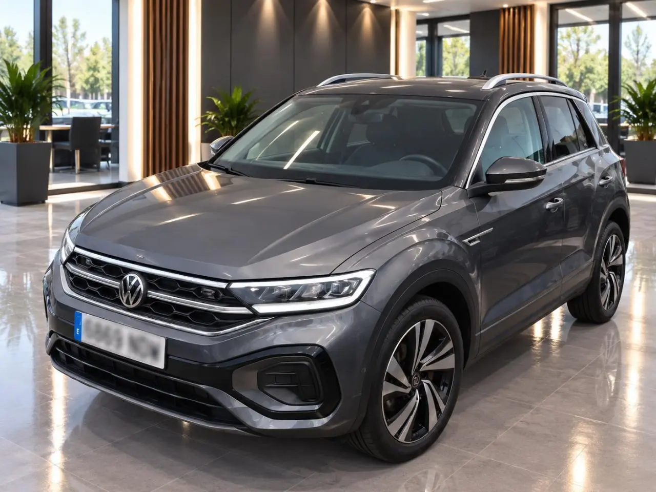 Volkswagen T-Roc gris platinium en 3/4 avant droit avec jantes alliage et toit noir en showroom.