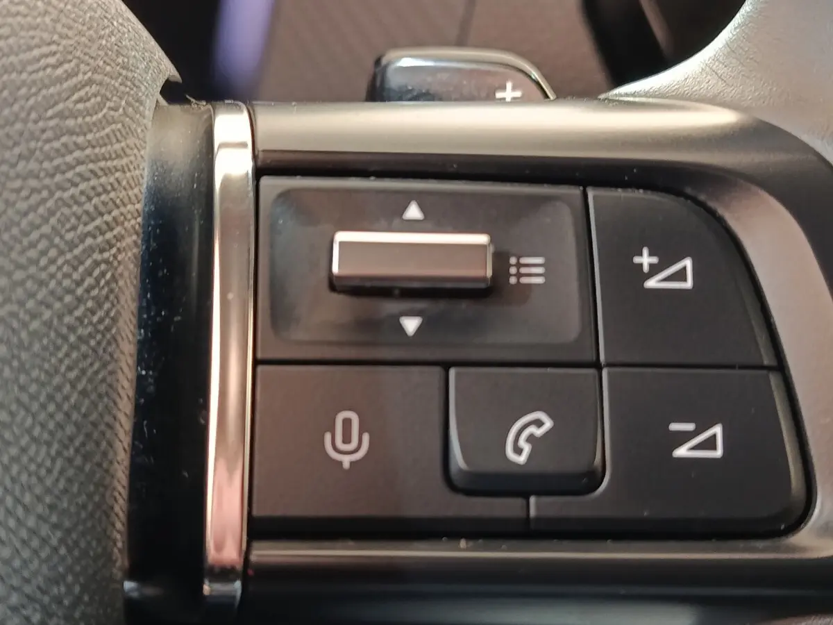 Gros plan sur les commandes vocales et téléphone au volant cuir noir de la Citroën C4 gris foncé 2022.