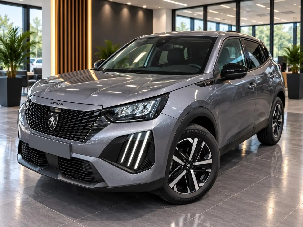Peugeot 2008 2025 artense en 3/4 avant droit, avec calandre noire et feux LED verticaux distinctifs.