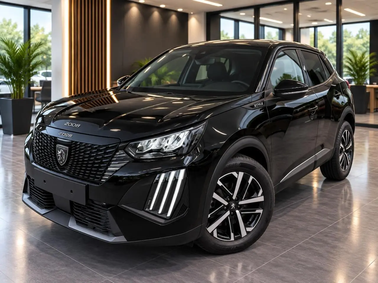 Peugeot 2008 noir perla en 3/4 avant droit, avec calandre distinctive et feux LED verticaux allumés.