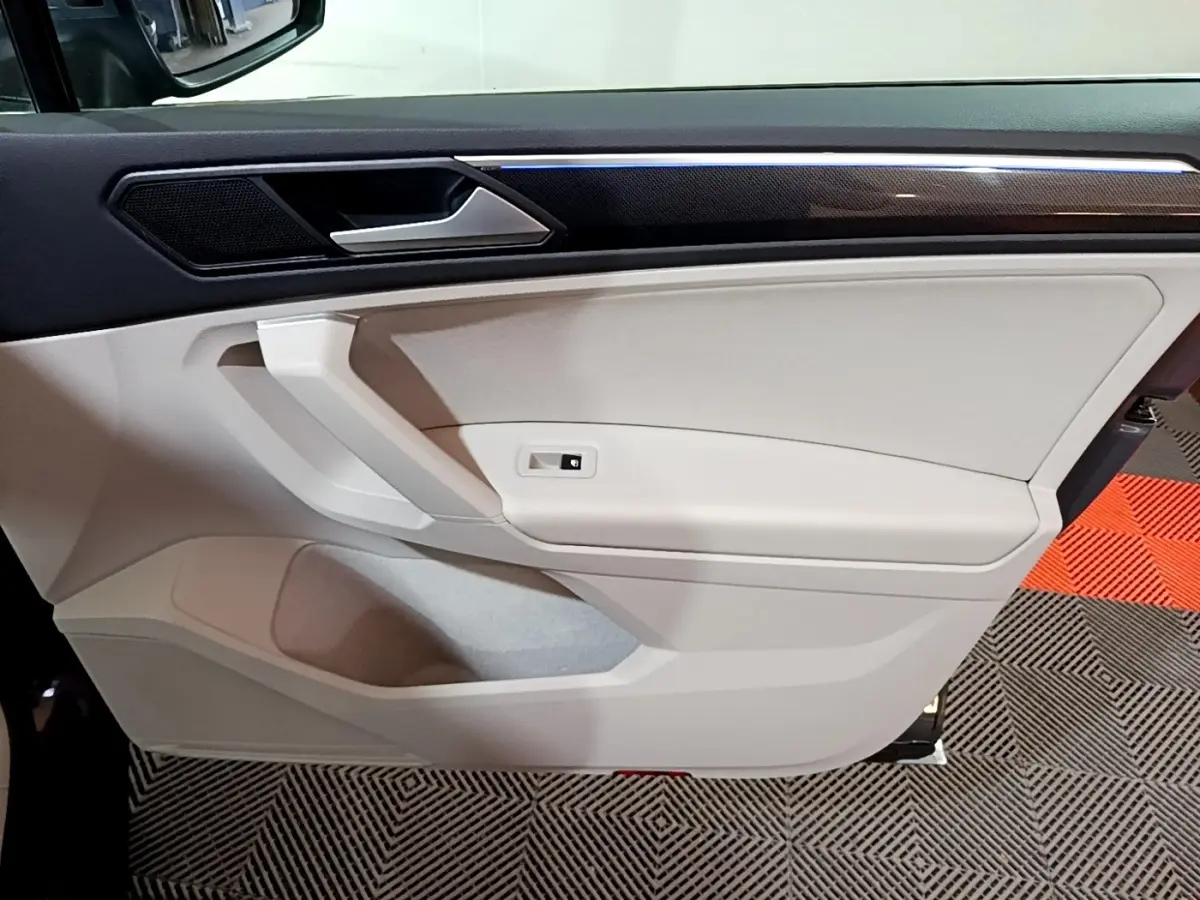 Intérieur côté gauche de la porte avant du Volkswagen Tiguan gris clair, avec poignée et panneau beige clair.