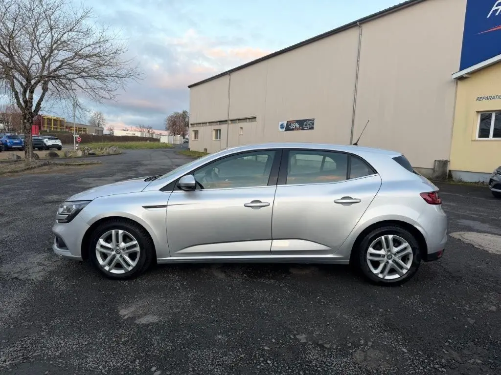 Profil côté gauche d'une Renault Mégane Business gris alu, avec jantes alliage et rétroviseurs électriques visibles.