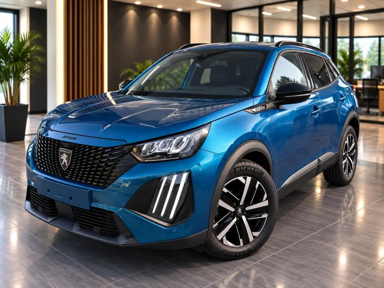 Peugeot 2008 2025 bleu obsession en 3/4 avant droit, avec calandre noire et feux LED verticaux distinctifs.