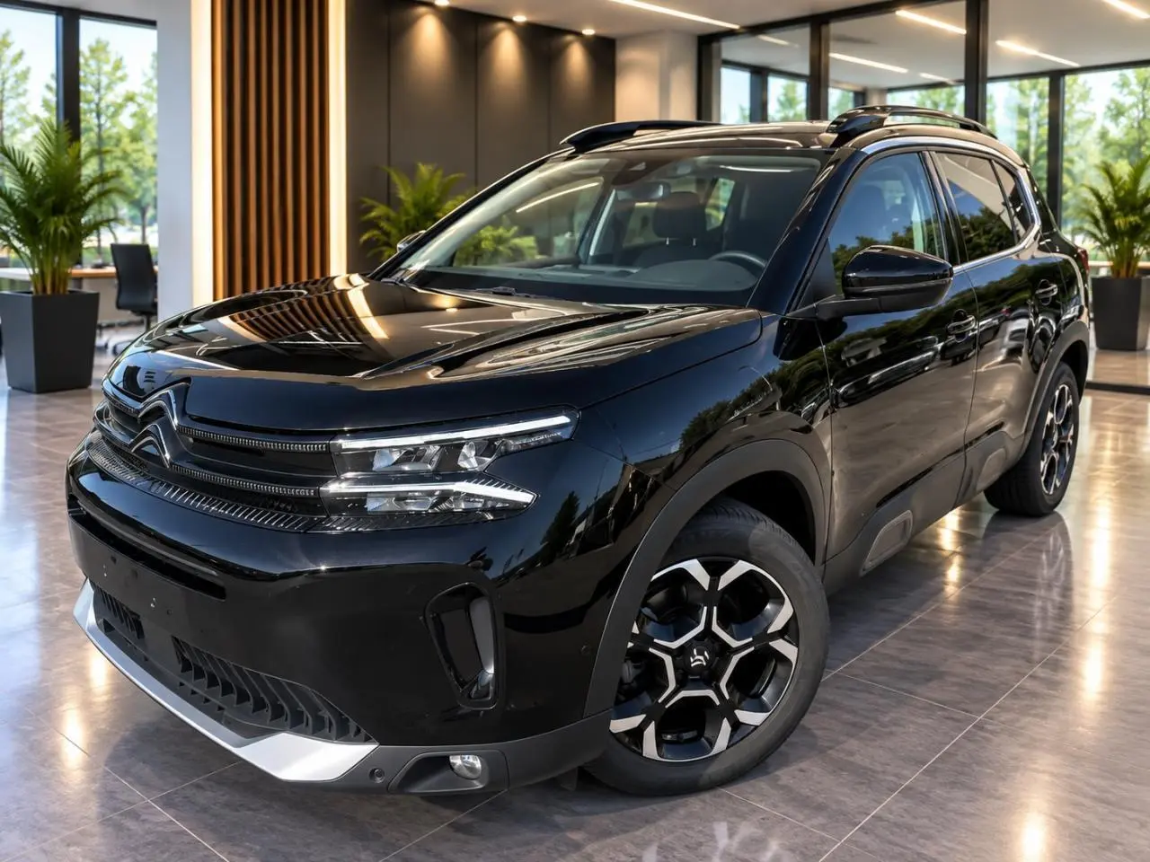 Citroën C5 Aircross 2025 new dark blue en 3/4 avant droit, avec jantes distinctives et toit noir brillant.