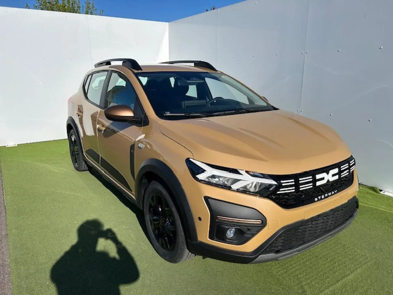 Vue 3/4 avant d'une Dacia Sandero Stepway beige Safari avec calandre noire et jantes noires sur sol vert.
