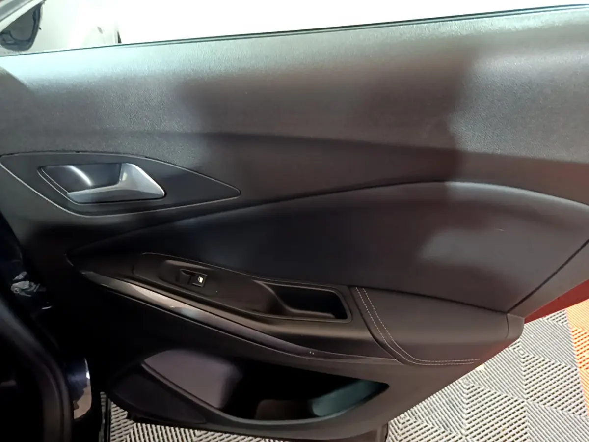 Vue intérieure du panneau de porte côté gauche noir de l'Opel Grandland X 2021 avec poignée argentée et commande de vitre.
