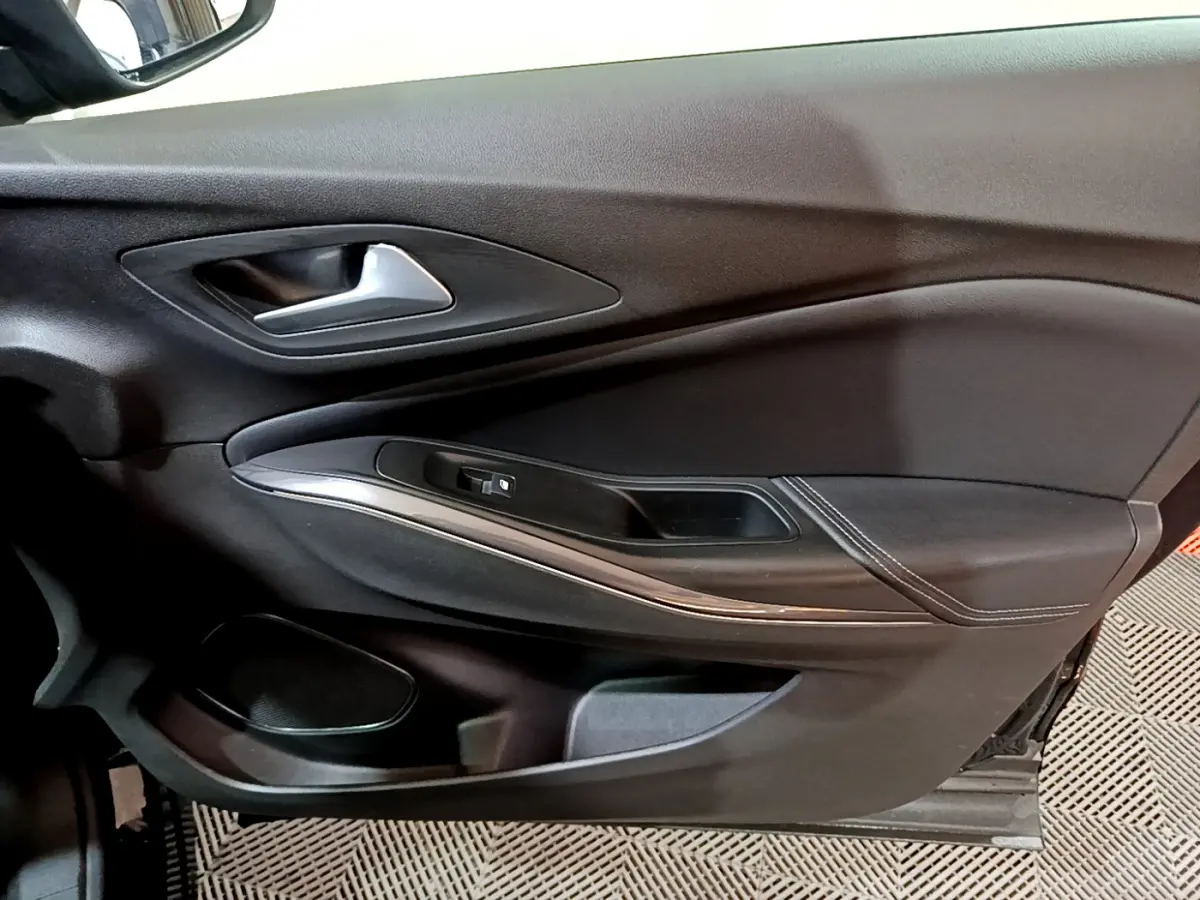 Gros plan sur la porte côté gauche noire de l'Opel Grandland X avec poignée argentée et commande de vitre.