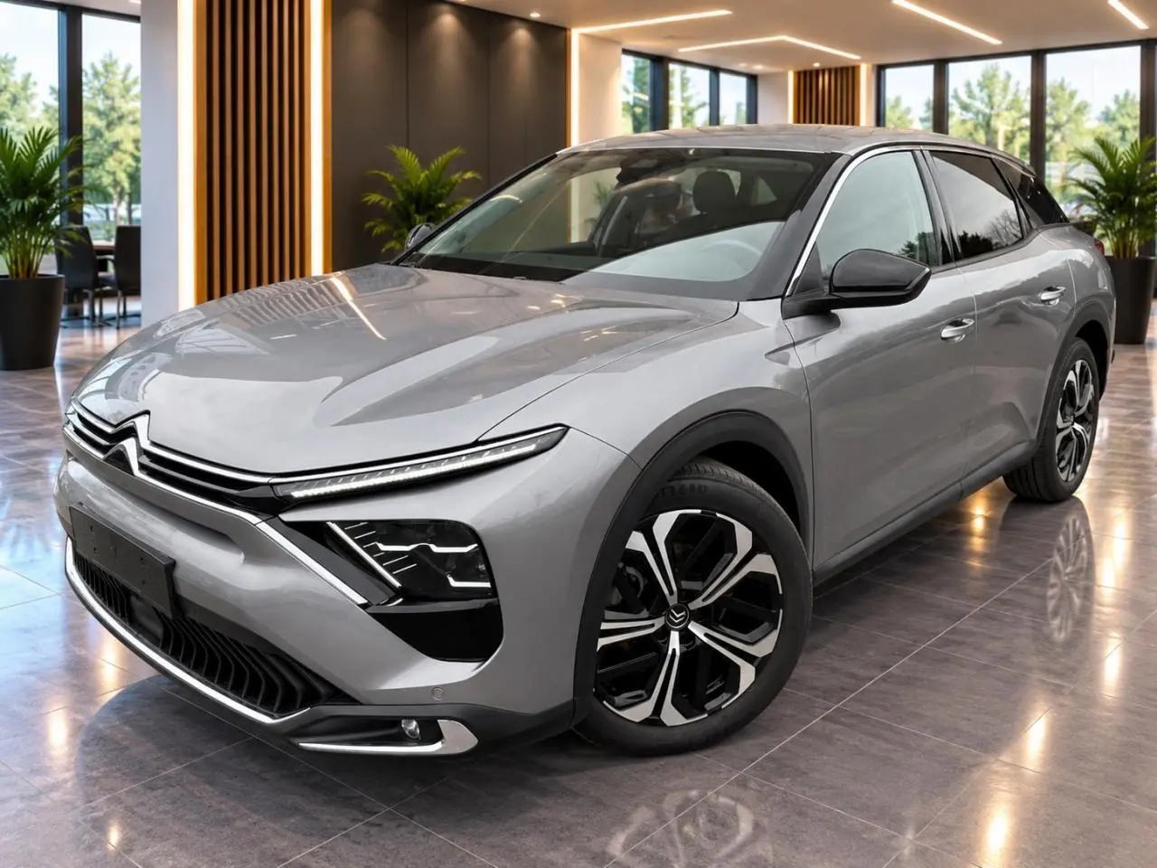 Citroën C5 X 2024 artense vue 3/4 avant droit, avec signature lumineuse fine et jantes noires et argentées.