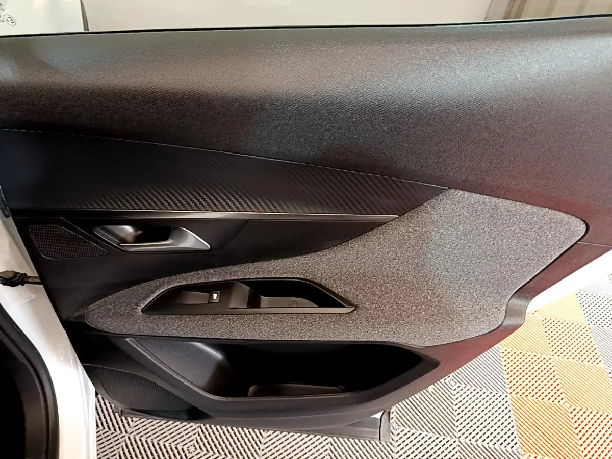 Porte intérieure côté gauche blanche de Peugeot 3008 2020 avec garniture noire et grise texturée.