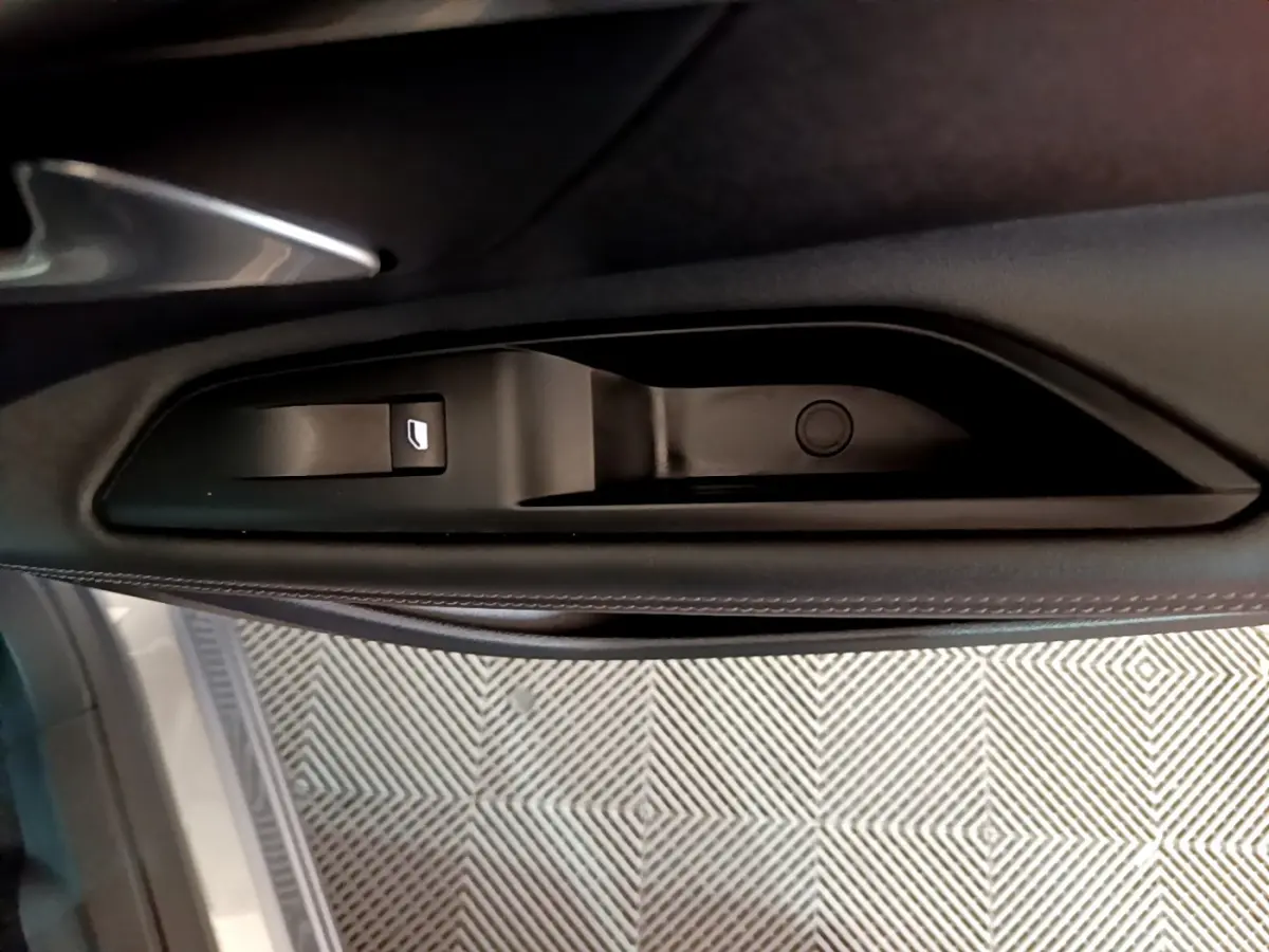 Gros plan sur la poignée intérieure noire de la porte côté gauche du Peugeot 5008 gris clair 2020.