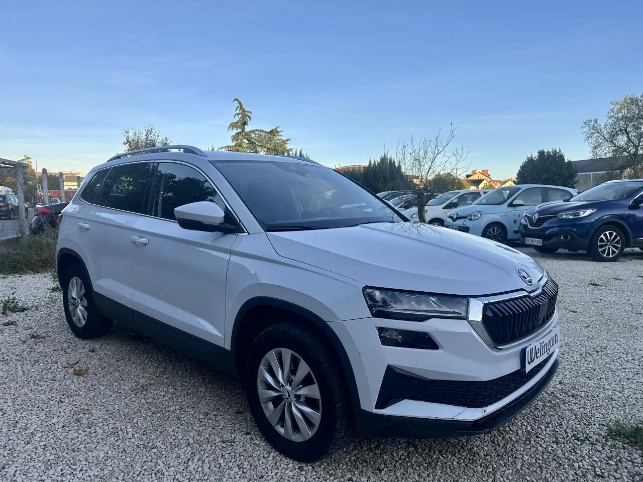 Vue 3/4 avant gauche d’un Skoda Karoq blanc 2024 avec calandre noire et jantes alliage argentées.