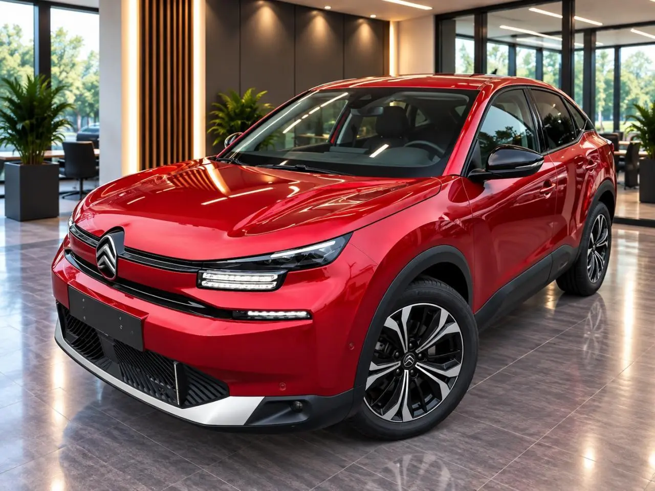 Citroën C4 2025 rouge elixir en 3/4 avant droit, avec phares LED et jantes alliage noires et argentées.