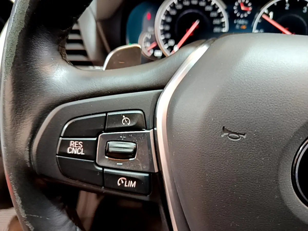 Gros plan sur le volant cuir noir de la BMW X3 2019 avec commandes de régulateur de vitesse et tableau de bord flou.