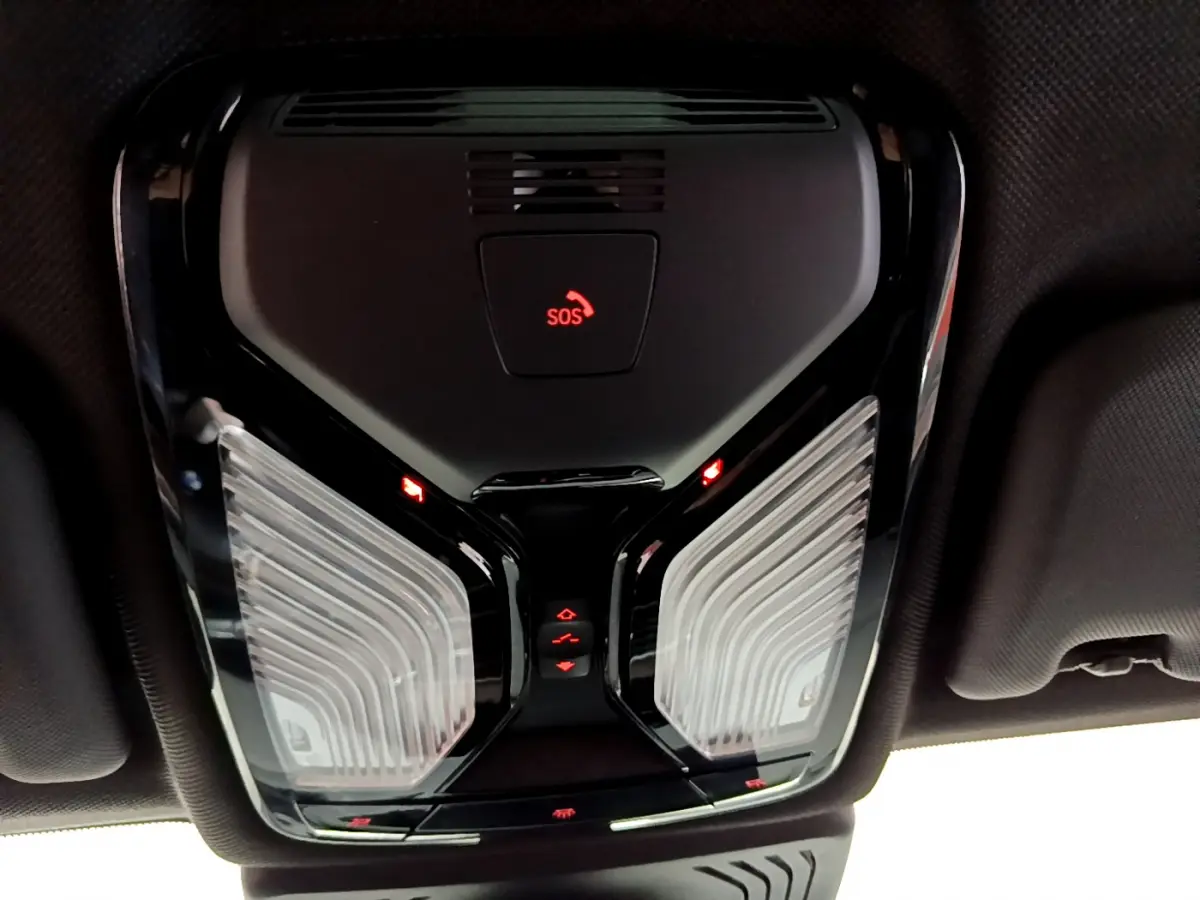 Vue en contre-plongée du plafonnier noir avec bouton SOS et éclairages intérieurs LED du BMW X3 xDrive20d 2019.