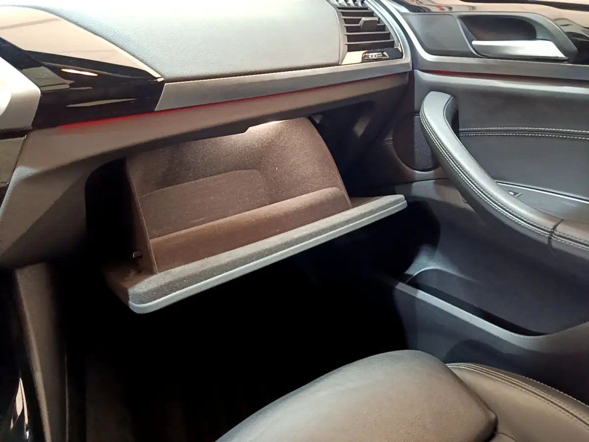 Intérieur côté passager d'une BMW X3 noire 2019, boîte à gants ouverte avec garniture noire et détails cuir.