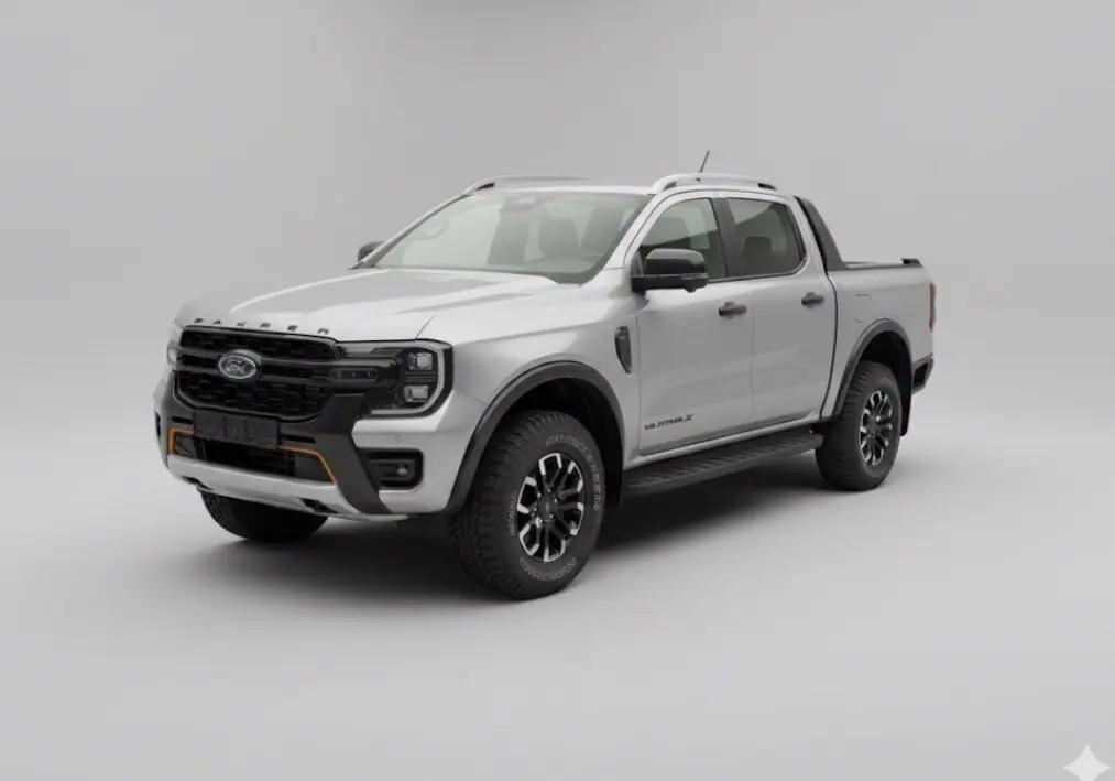 Ford Ranger Wildtrak gris en vue 3/4 avant droit, avec barres de toit et jantes alliage noires.
