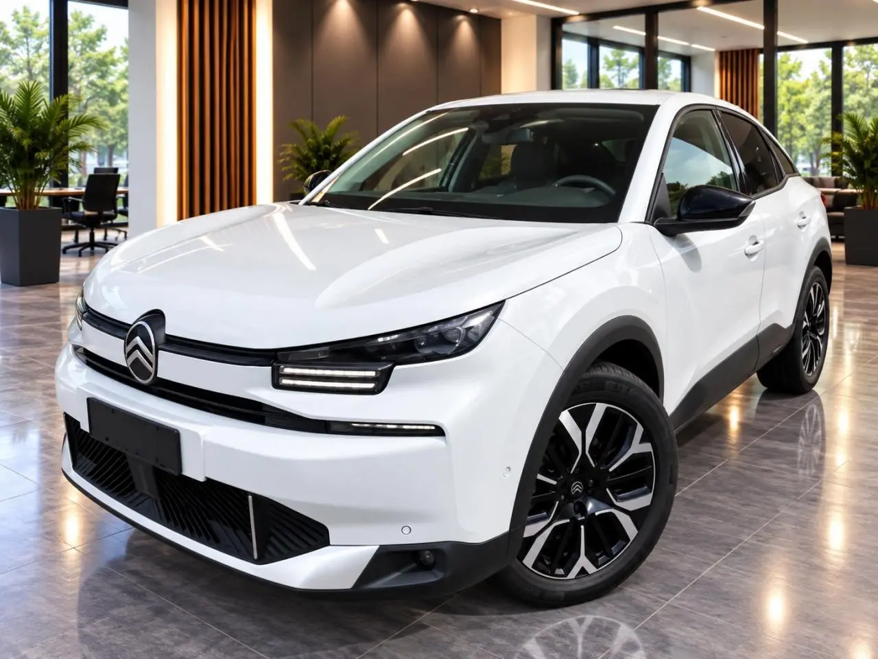 Citroën C4 blanc okenite vue 3/4 avant droit en intérieur, avec phares LED et jantes noires distinctives.