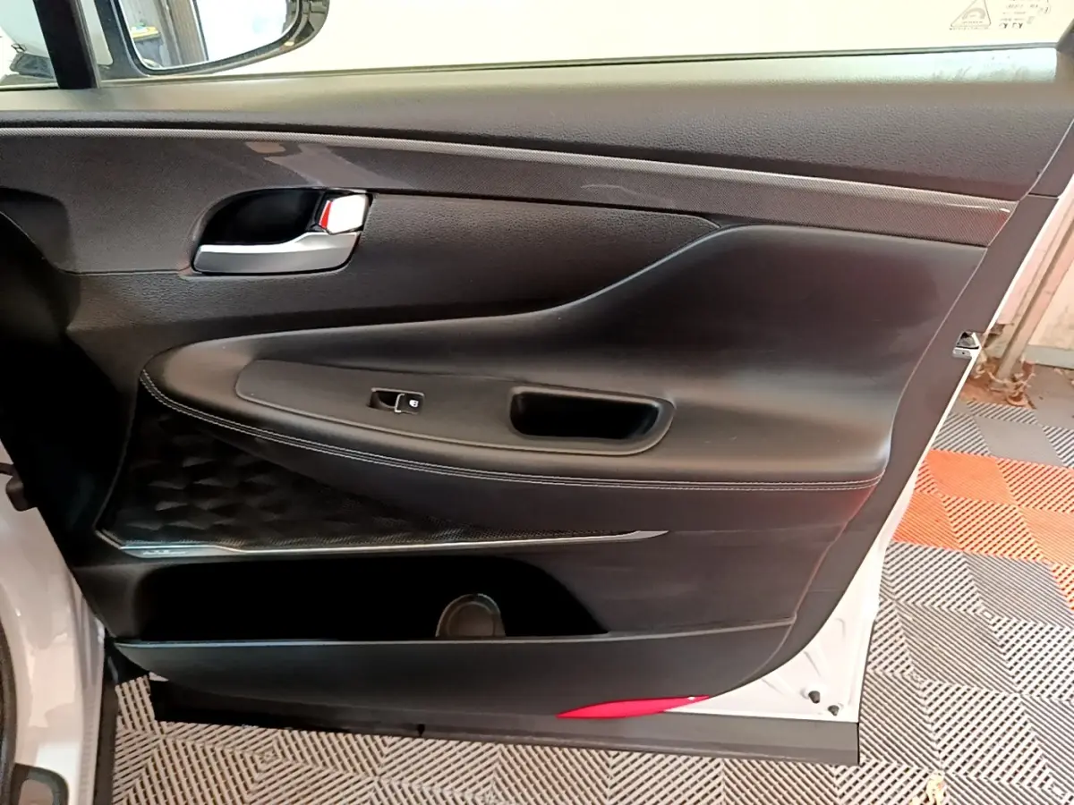Vue intérieure de la porte avant gauche noire avec poignée chrome du Hyundai Santa Fe blanc 2022.