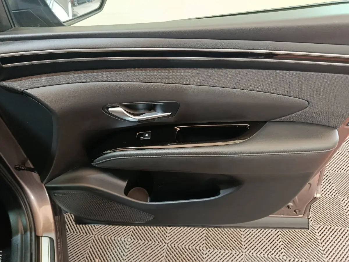Porte intérieure côté gauche marron du Hyundai Tucson 2022 avec poignée argentée et commandes de verrouillage.