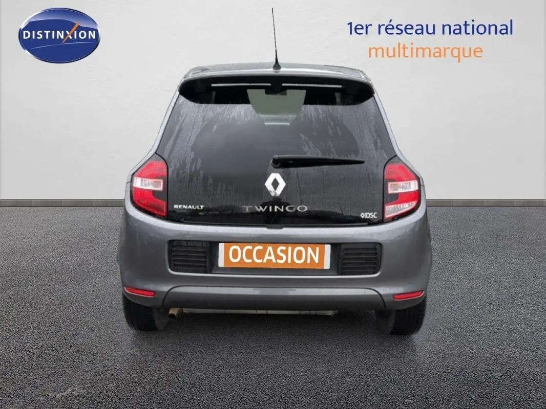 Vue arrière d'une Renault Twingo III gris foncé avec vitres surteintées et plaque "OCCASION" visible.