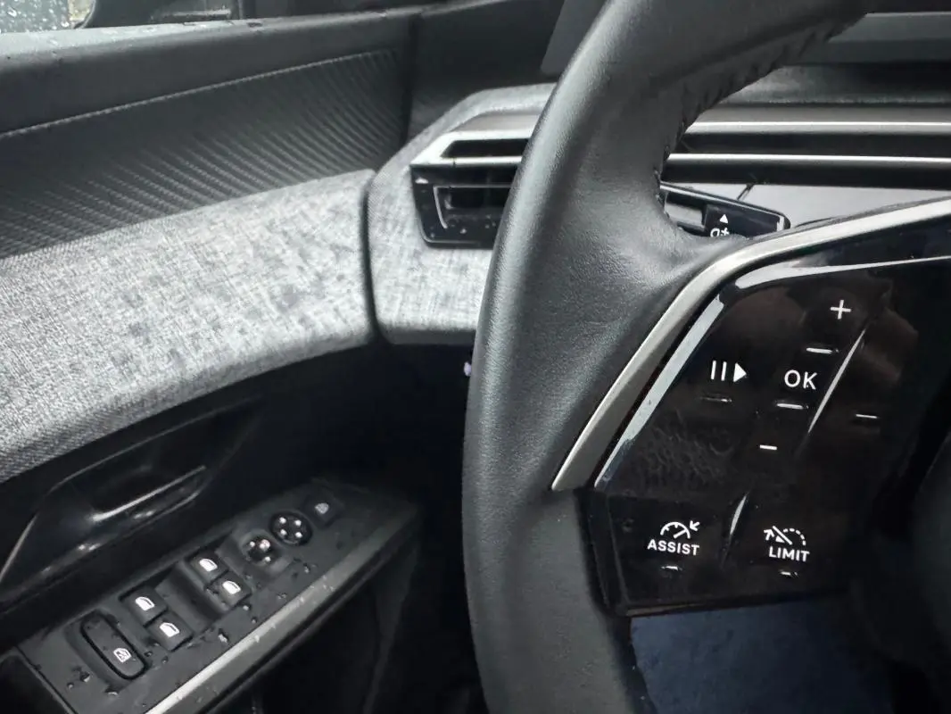 Vue rapprochée du volant et de la porte côté gauche du Peugeot 3008 noir, avec commandes intégrées au volant et habillage tissu gris.