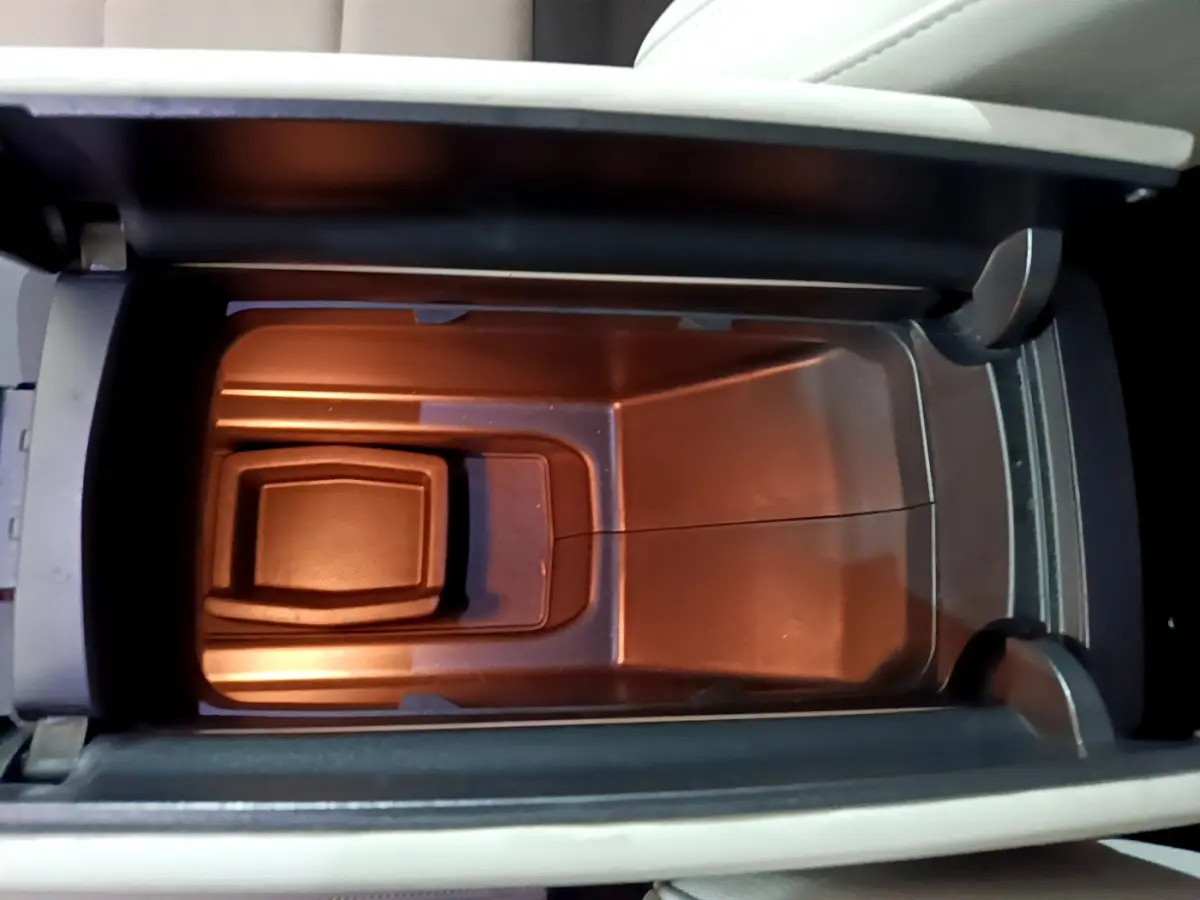 Vue plongeante sur le rangement réfrigéré noir dans l'accoudoir central du Citroën C5 Aircross Hybrid 225 ë-EAT8 Shine.