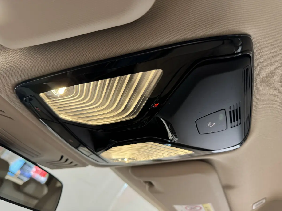 Plafonnier intérieur noir brillant avec éclairage LED et bouton SOS dans un BMW X3 gris foncé 2018.