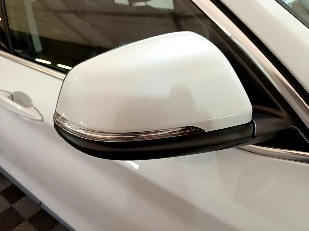 Gros plan sur le rétroviseur droit blanc avec clignotant intégré du BMW X1 sDrive18i Lounge 2019.