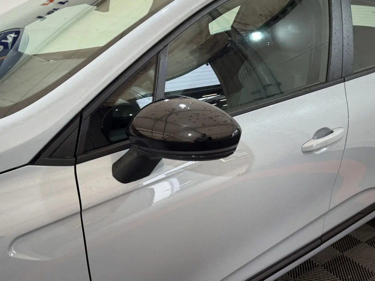 Vue rapprochée du côté gauche d'une Renault Clio gris clair avec rétroviseur noir brillant et poignée de porte visible.
