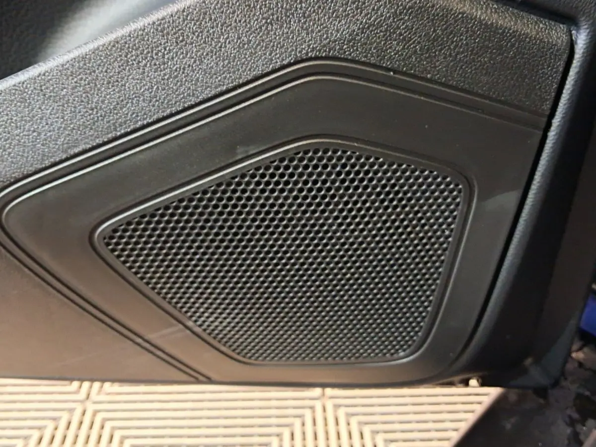 Gros plan sur le haut-parleur intégré à la porte intérieure noire de l'AIXAM AMBITION 2025.