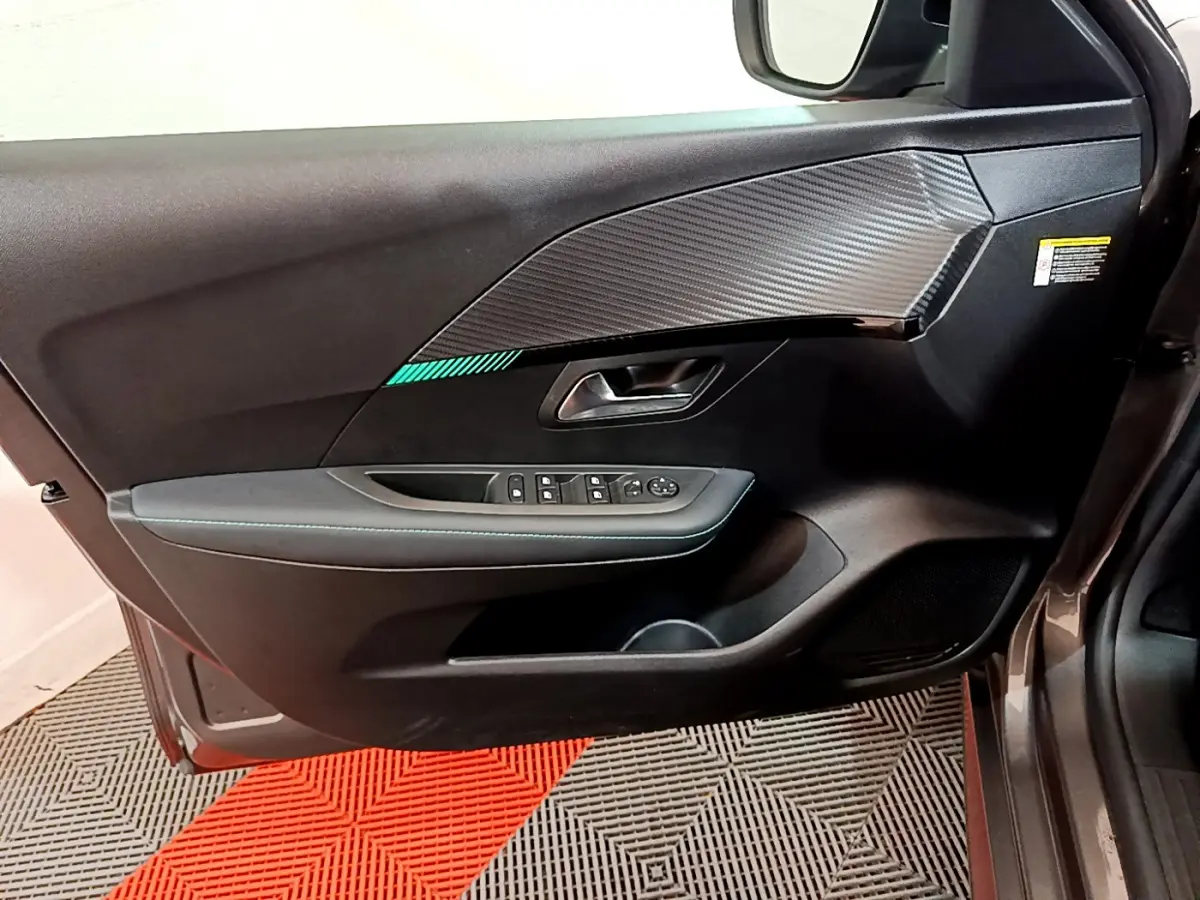 Vue intérieure côté gauche de la porte avant gris foncé de la Peugeot 208 avec insert décoratif carbone et commandes électriques.
