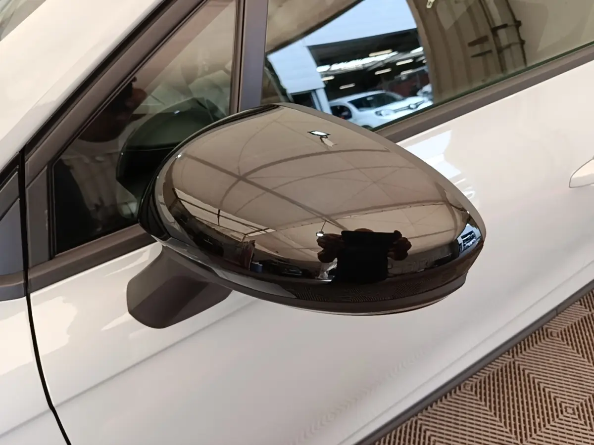 Rétroviseur extérieur noir brillant côté conducteur d'une Renault Clio gris clair, vue rapprochée en intérieur.