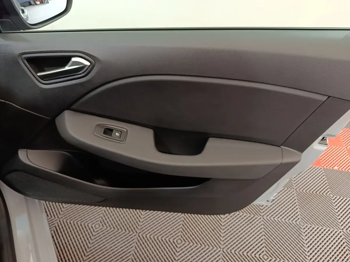 Vue intérieure côté gauche de la porte avant d’une Renault Clio gris clair, avec poignée et commande de vitre électrique.