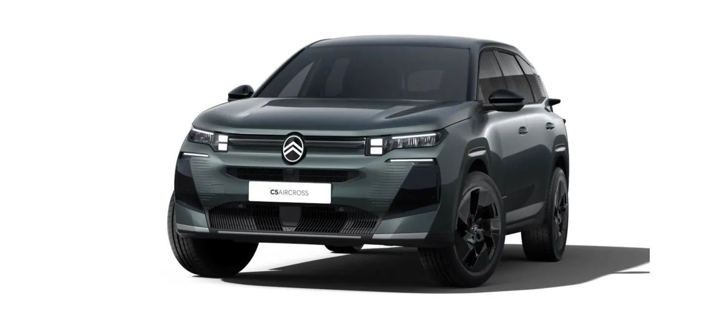 Citroën C5 Aircross hybride 2026 vert Astoria avec toit noir, vue 3/4 avant mettant en valeur ses phares LED et jantes noires.