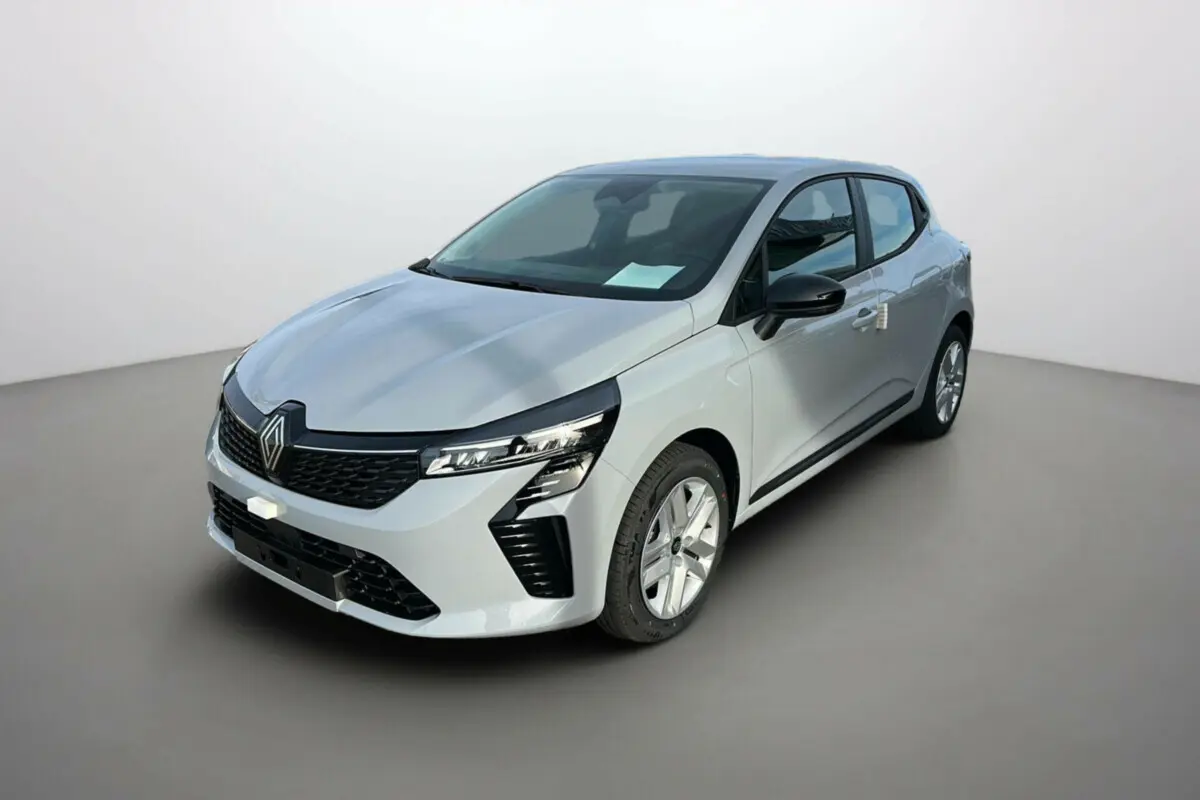 Renault Clio DCI 100 Evolution gris rafale, vue 3/4 avant droit avec feux full LED et calandre noire.