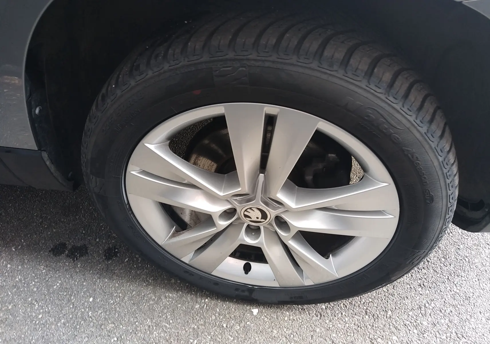 Gros plan sur la roue avant droite d’un Skoda Karoq gris, mettant en valeur la jante alliage 5 branches doubles.
