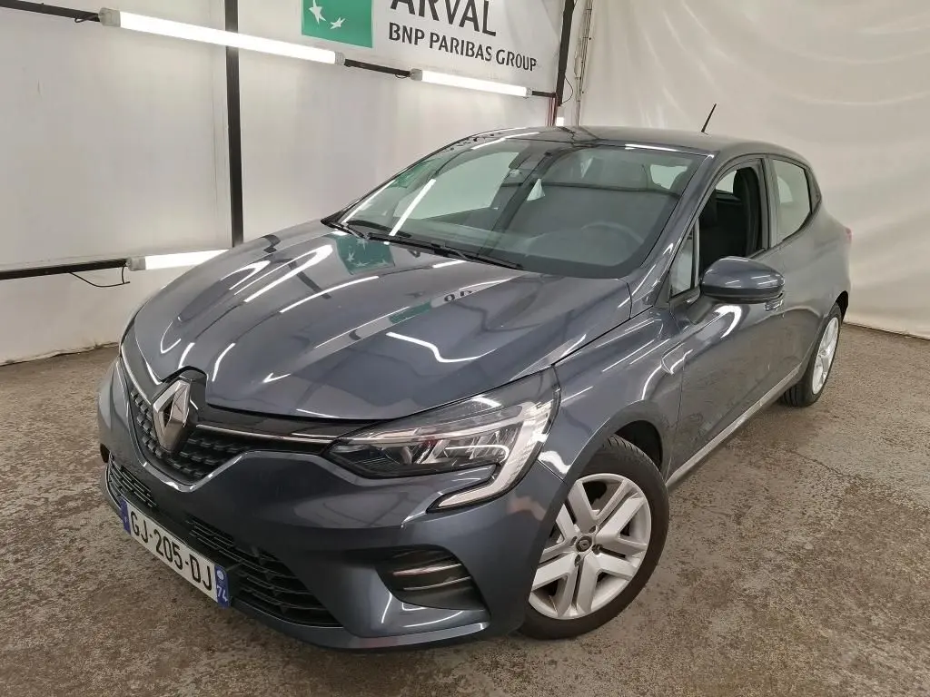 Renault Clio Business Edition gris foncé vue 3/4 avant droit, avec phares LED et jantes alliage visibles.