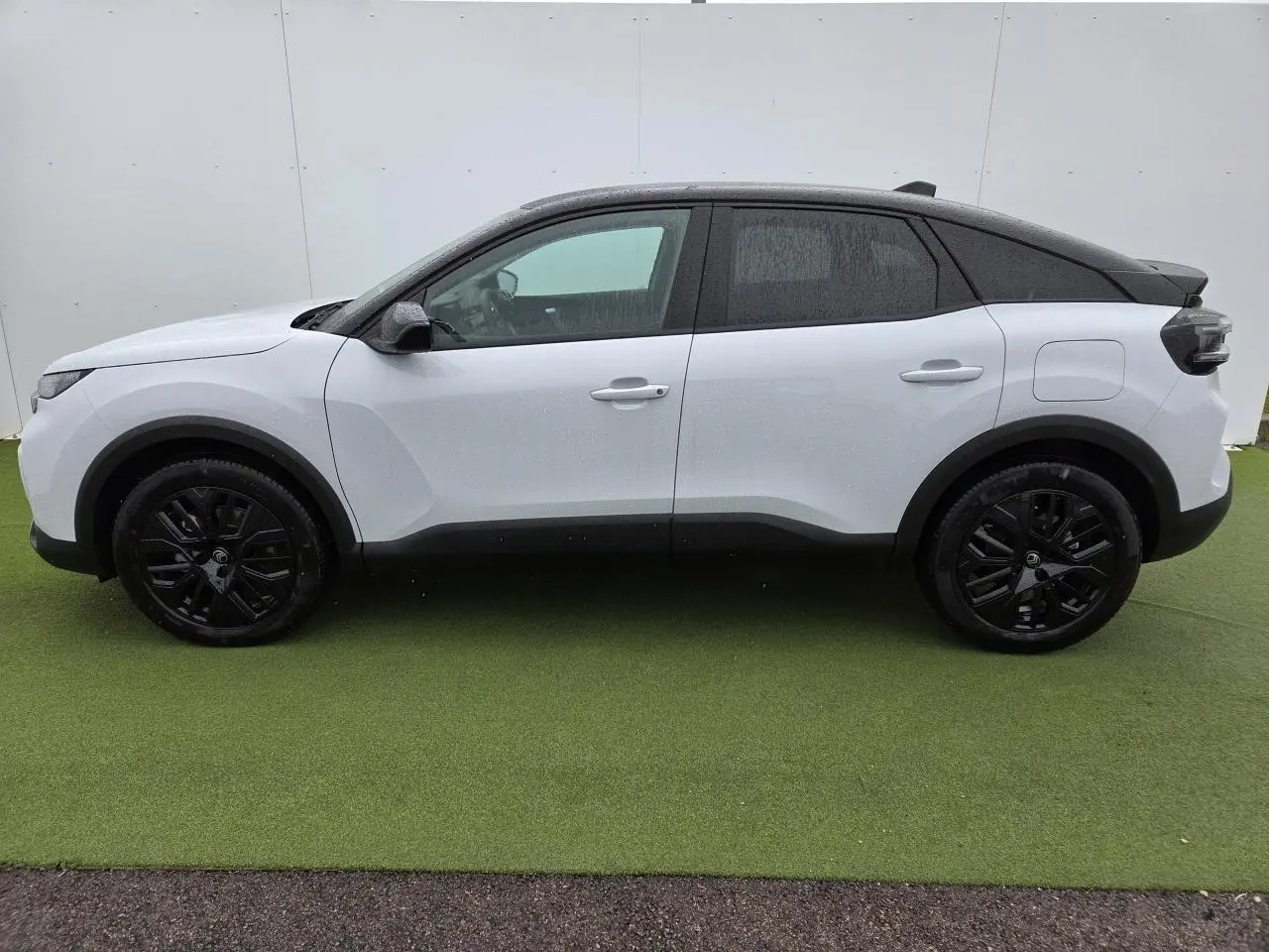 Profil côté gauche d'une Citroën C4 blanche avec toit noir et jantes alliage noires sur fond vert.