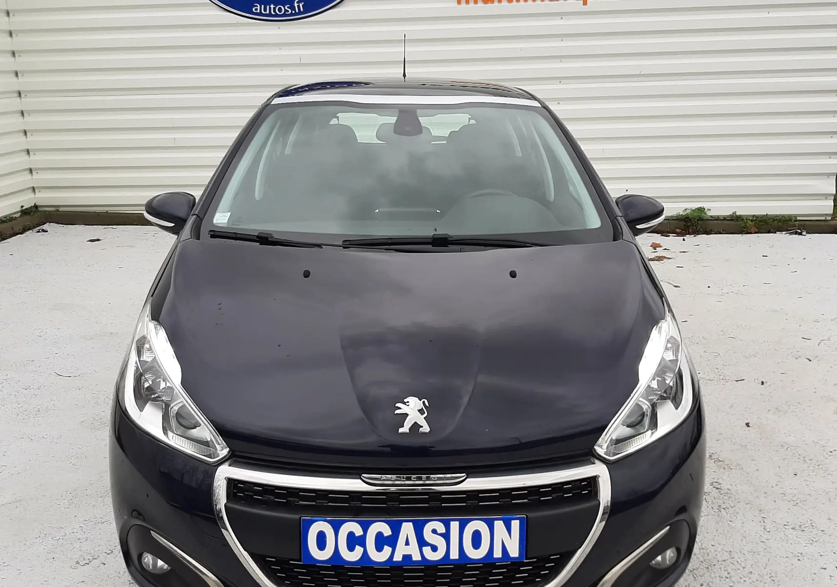 Peugeot 208 bleu nuit vue de face, avec calandre chromée et plaque "OCCASION" visible devant un mur blanc.