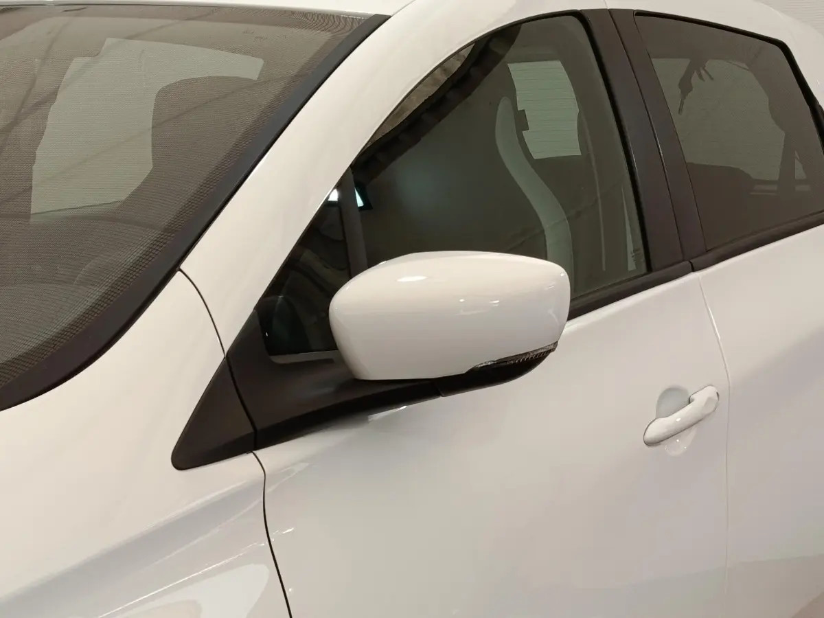 Gros plan sur la porte avant gauche blanche d’une Renault ZOE Intens R110 avec rétroviseur blanc et poignée intégrée.