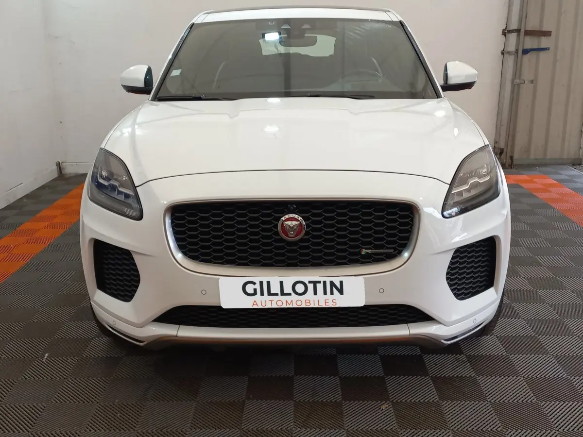 Vue frontale d'un Jaguar E-PACE blanc avec calandre noire et logo Jaguar bien visible, stationné en intérieur.