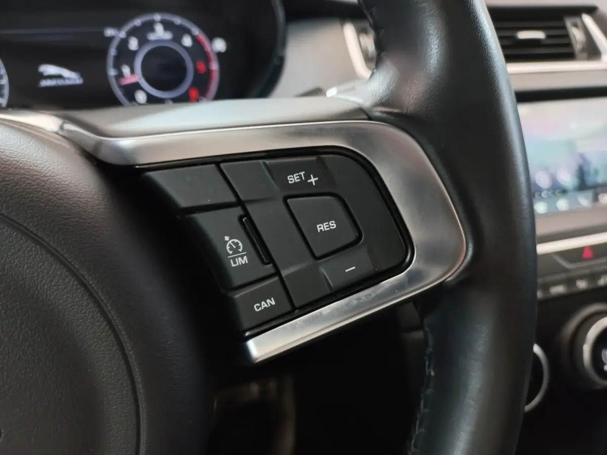 Gros plan sur les commandes de régulateur de vitesse au volant cuir noir d'une Jaguar E-PACE blanc 2019.