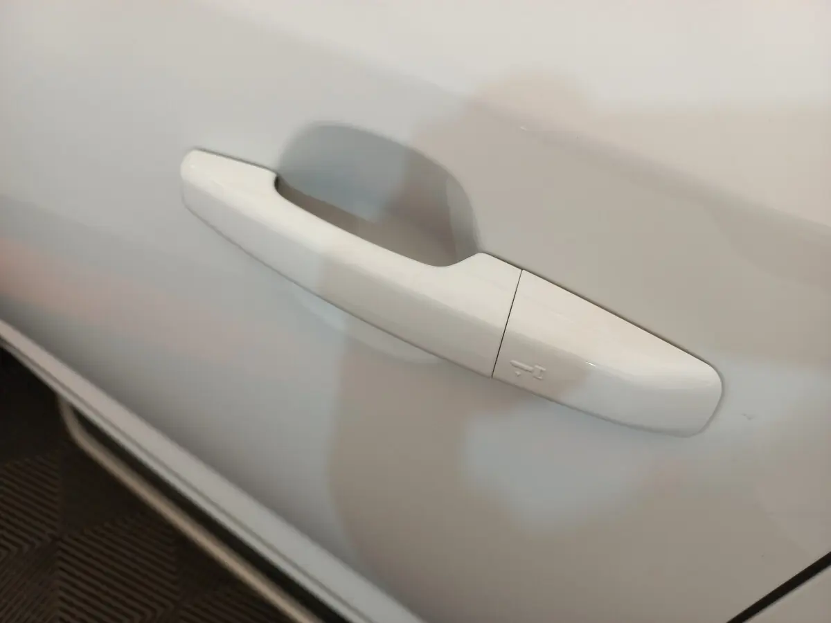 Poignée de porte blanche en gros plan sur le côté gauche d'un Jaguar E-PACE D180 BVM AWD R-DYNAMIC S 2019.