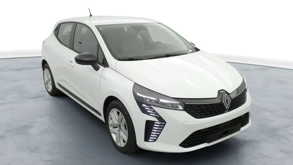 Renault Clio V blanc Glacier vue 3/4 avant droit, avec phares LED et jantes 16" Amiticia.