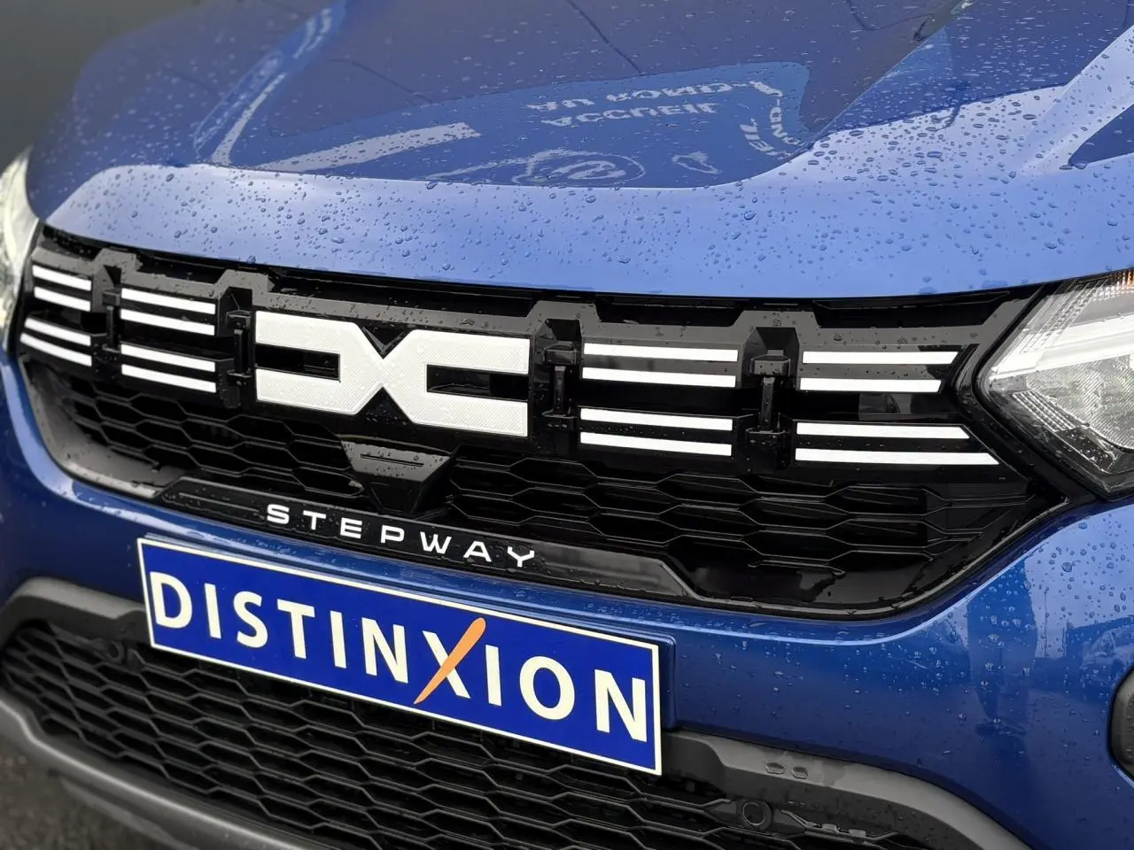 Gros plan sur la calandre avant noire et le logo Stepway d'une Dacia Sandero Stepway Bleu Iron mouillée.