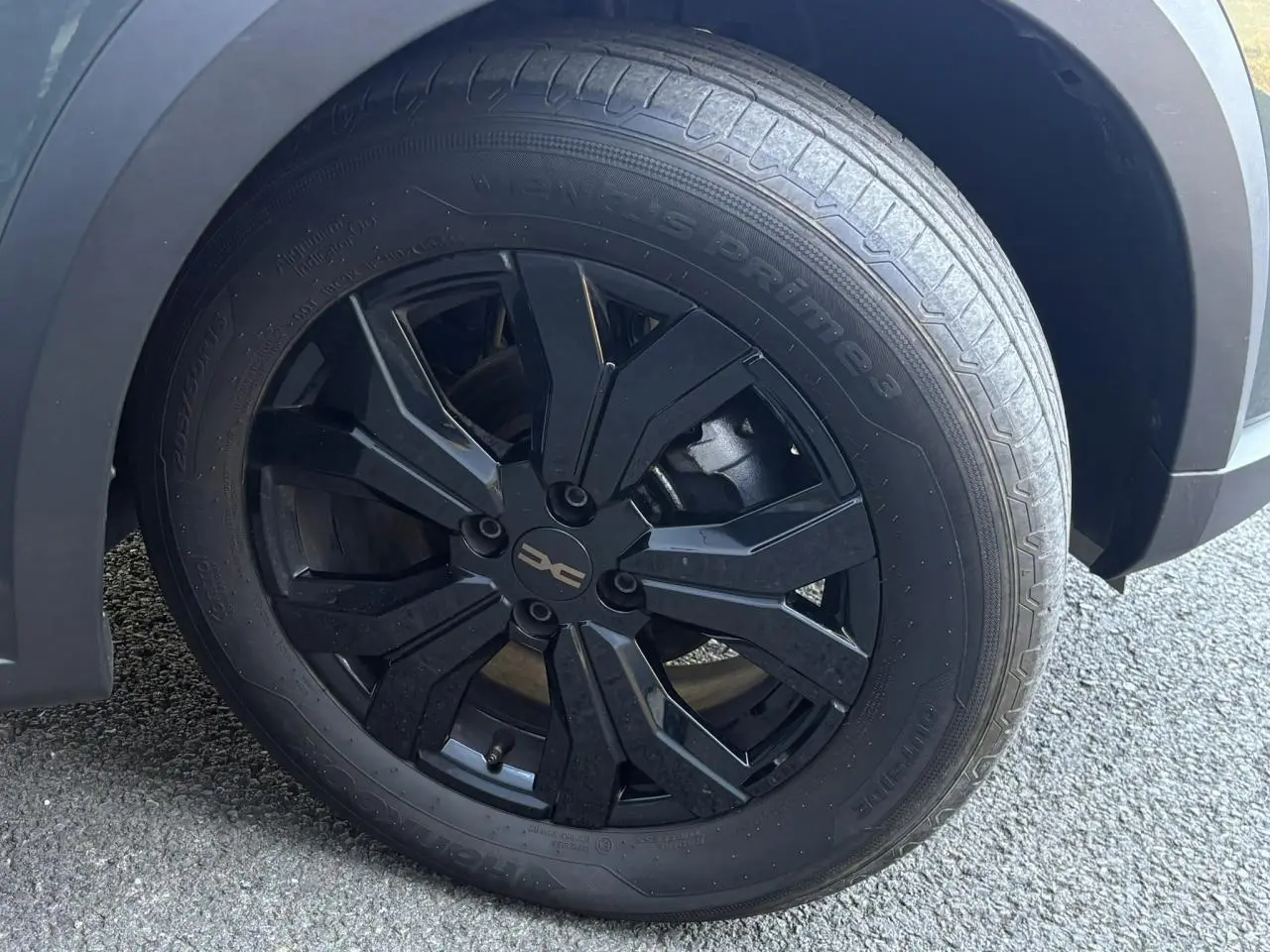 Gros plan sur la jante noire en aluminium 16 pouces Mahalia avec logo Dacia sur un Dacia Sandero Vert Cèdre.