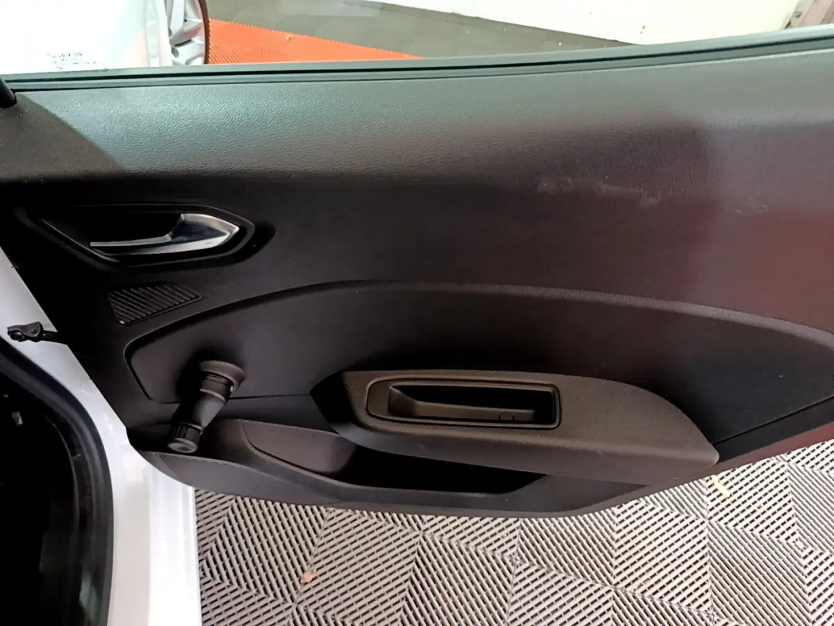 Intérieur de la porte côté gauche d'une Renault Clio Business TCe 90 blanche, avec poignée et commande de vitre manuelle.