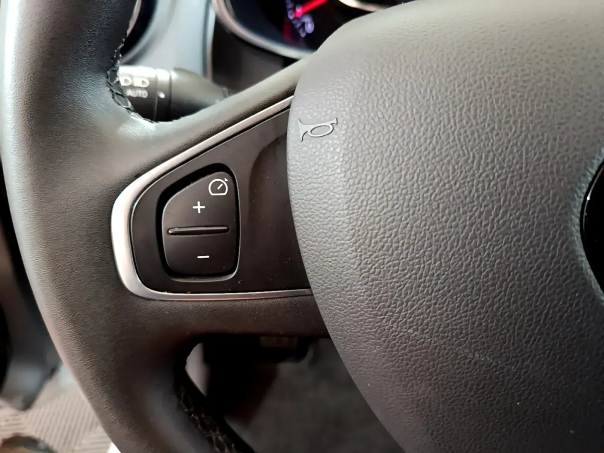 Gros plan sur le volant cuir de la Renault Clio Business TCe 90, avec commandes de régulateur de vitesse visibles.
