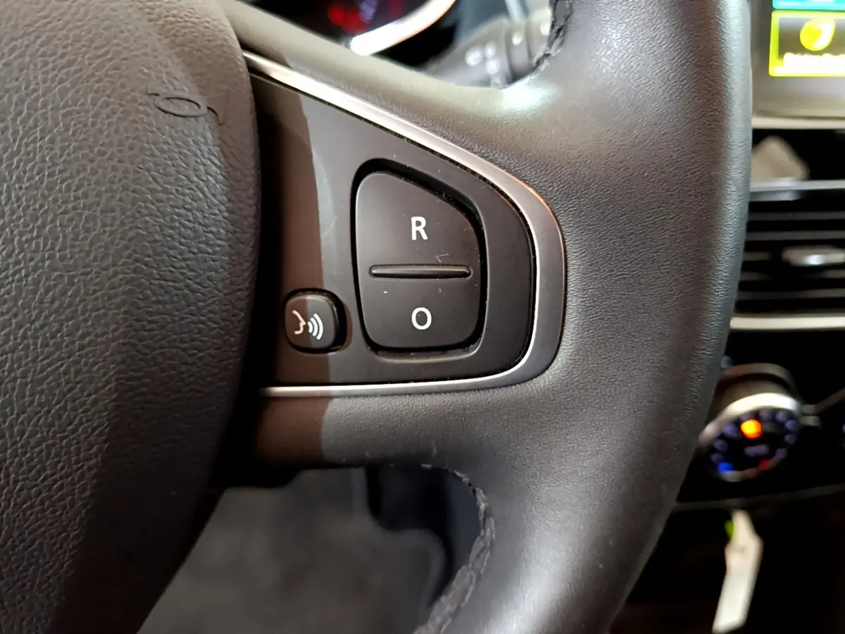 Gros plan sur les commandes vocales du volant cuir noir de la Renault Clio Business TCe 90, intérieur sombre.